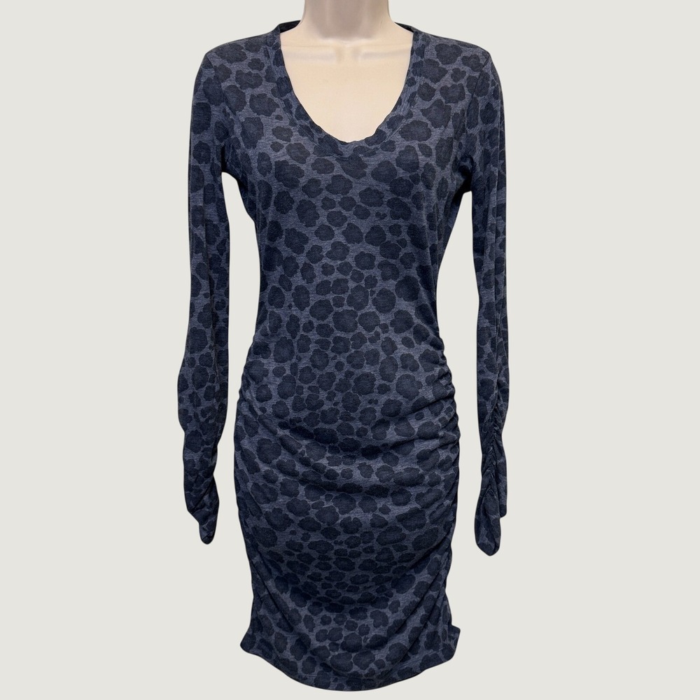 Rebecca Taylor Bodycon Dress S Blue Leopard Print Ruched Long Sleeve Chic Edgy